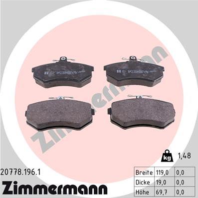 Zimmermann 20778.196.1 - Тормозные колодки, дисковые, комплект autospares.lv