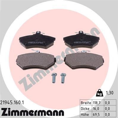 Zimmermann 21945.160.1 - Тормозные колодки, дисковые, комплект autospares.lv