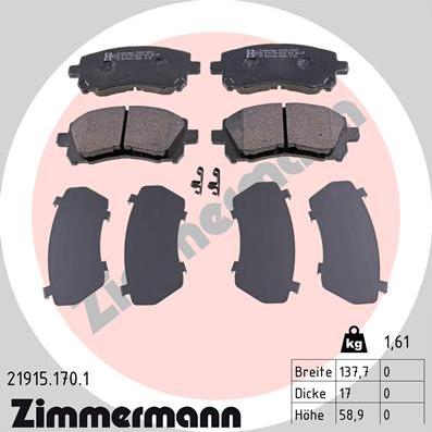 Zimmermann 21915.170.1 - Тормозные колодки, дисковые, комплект autospares.lv