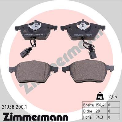 Zimmermann 21938.200.1 - Тормозные колодки, дисковые, комплект autospares.lv