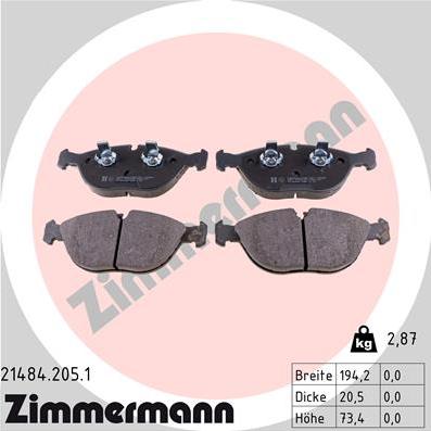 Zimmermann 21484.205.1 - Тормозные колодки, дисковые, комплект autospares.lv