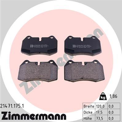 Zimmermann 21471.175.1 - Тормозные колодки, дисковые, комплект autospares.lv
