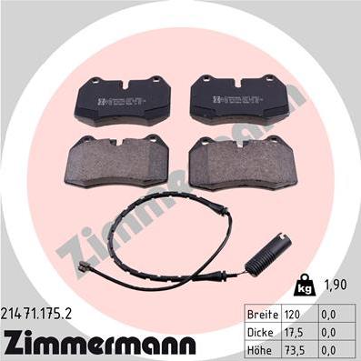 Zimmermann 21471.175.2 - Тормозные колодки, дисковые, комплект autospares.lv