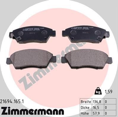 Zimmermann 21694.165.1 - Тормозные колодки, дисковые, комплект autospares.lv