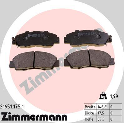 Zimmermann 21651.175.1 - Тормозные колодки, дисковые, комплект autospares.lv