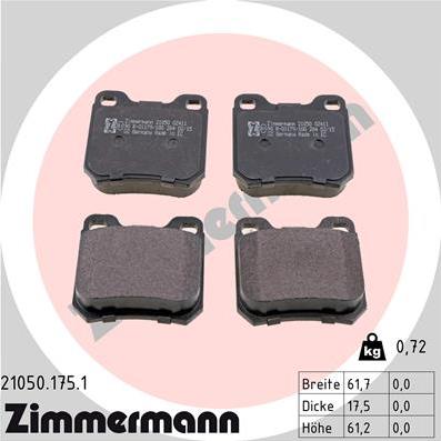 Zimmermann 21050.175.1 - Тормозные колодки, дисковые, комплект autospares.lv