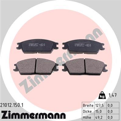 Zimmermann 21012.150.1 - Тормозные колодки, дисковые, комплект autospares.lv