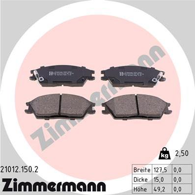 Zimmermann 21012.150.2 - Тормозные колодки, дисковые, комплект autospares.lv