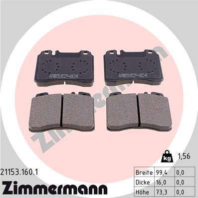 Zimmermann 21153.160.1 - Тормозные колодки, дисковые, комплект autospares.lv