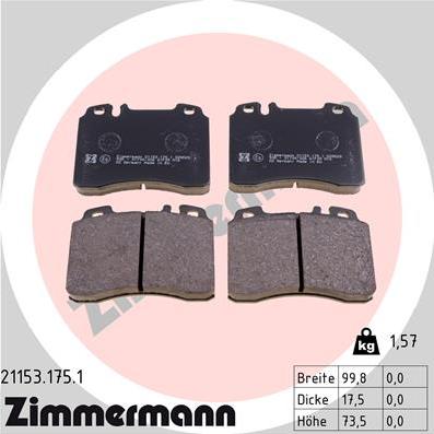 Zimmermann 21153.175.1 - Тормозные колодки, дисковые, комплект autospares.lv