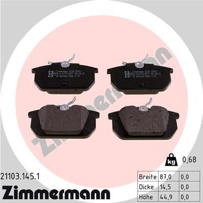 Zimmermann 21103.145.1 - Тормозные колодки, дисковые, комплект autospares.lv