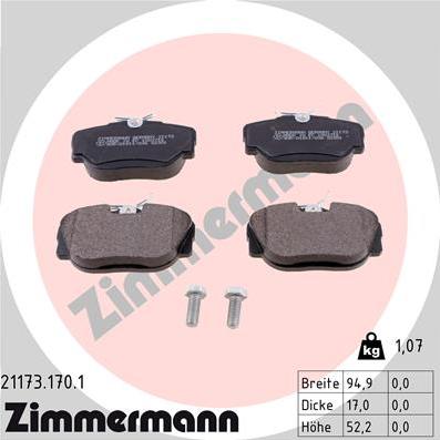 Zimmermann 21173.170.1 - Тормозные колодки, дисковые, комплект autospares.lv