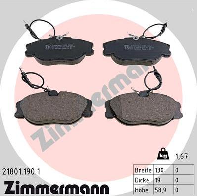 Zimmermann 21801.190.1 - Тормозные колодки, дисковые, комплект autospares.lv