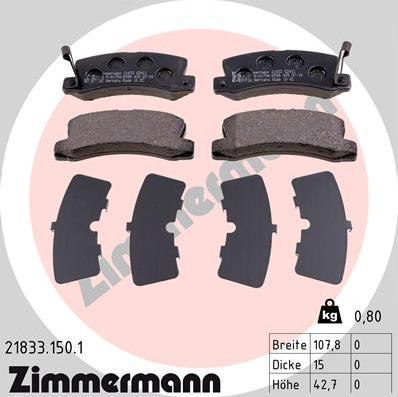 Zimmermann 21833.150.1 - Тормозные колодки, дисковые, комплект autospares.lv