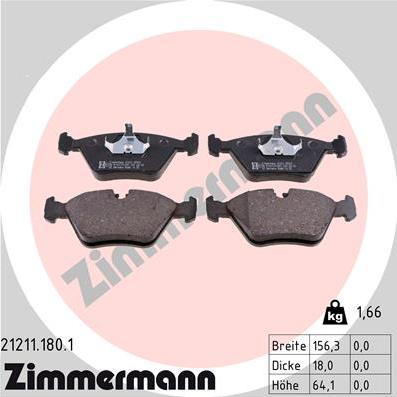 Zimmermann 21211.180.1 - Тормозные колодки, дисковые, комплект autospares.lv