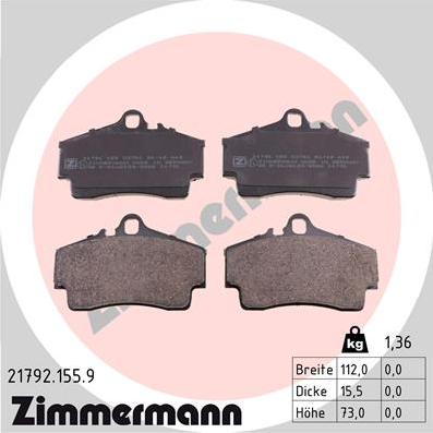 Zimmermann 21792.155.9 - Тормозные колодки, дисковые, комплект autospares.lv