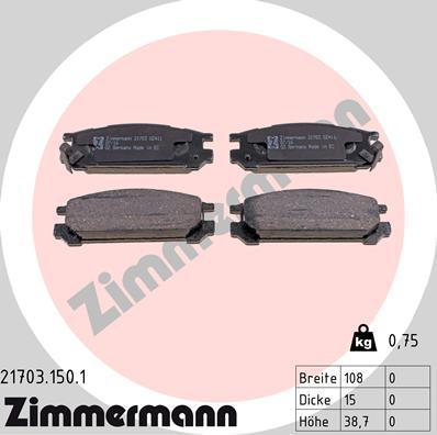 Zimmermann 21703.150.1 - Тормозные колодки, дисковые, комплект autospares.lv