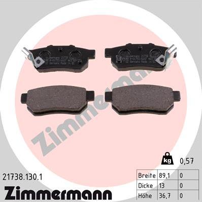 Zimmermann 21738.130.1 - Тормозные колодки, дисковые, комплект autospares.lv