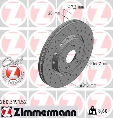 Zimmermann 280.3191.52 - Тормозной диск autospares.lv