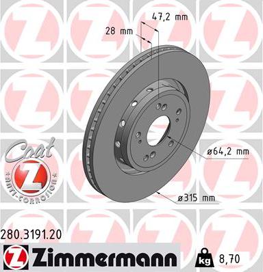 Zimmermann 280.3191.20 - Тормозной диск autospares.lv