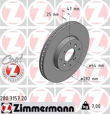 Zimmermann 280.3157.20 - Тормозной диск autospares.lv