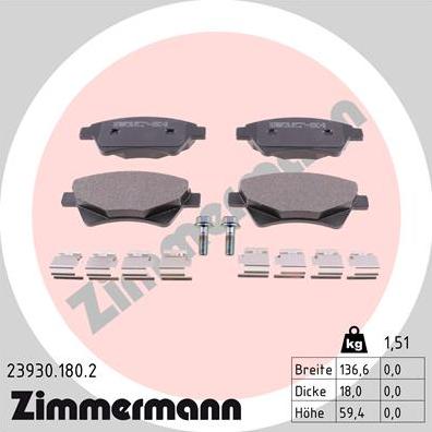 Zimmermann 23930.180.2 - Тормозные колодки, дисковые, комплект autospares.lv