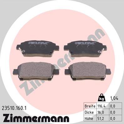 Zimmermann 23510.160.1 - Тормозные колодки, дисковые, комплект autospares.lv