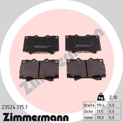 Zimmermann 23524.175.1 - Тормозные колодки, дисковые, комплект autospares.lv