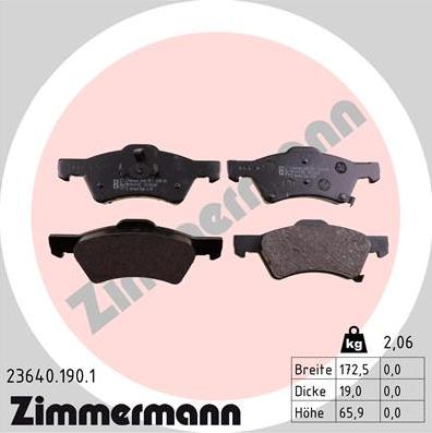 Zimmermann 23640.190.1 - Тормозные колодки, дисковые, комплект autospares.lv