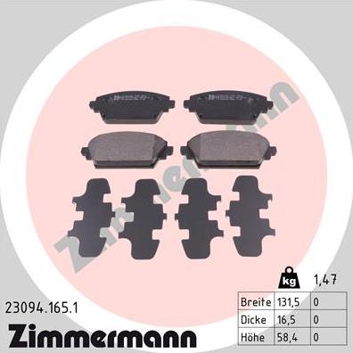 Zimmermann 23094.165.1 - Тормозные колодки, дисковые, комплект autospares.lv