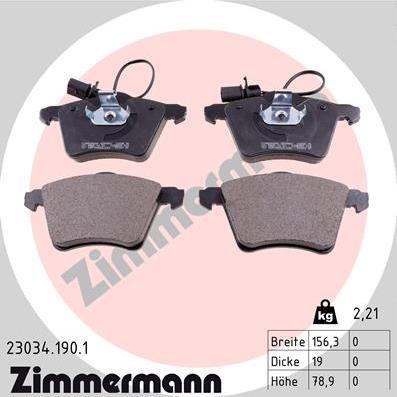 Zimmermann 23034.190.1 - Тормозные колодки, дисковые, комплект autospares.lv