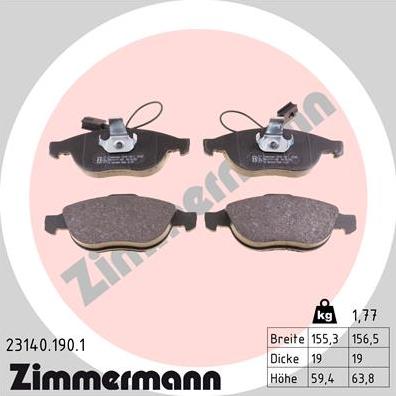 Zimmermann 23140.190.1 - Тормозные колодки, дисковые, комплект autospares.lv