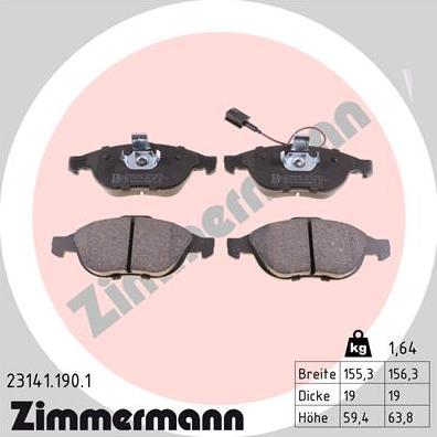 Zimmermann 23141.190.1 - Тормозные колодки, дисковые, комплект autospares.lv