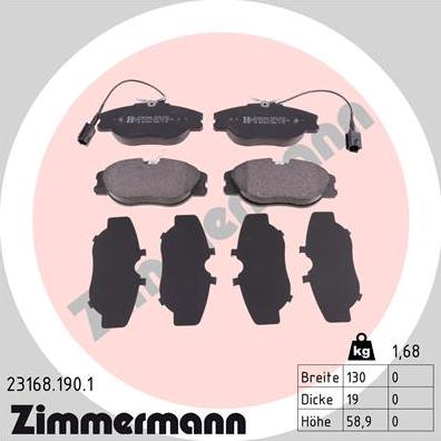 Zimmermann 23168.190.1 - Тормозные колодки, дисковые, комплект autospares.lv