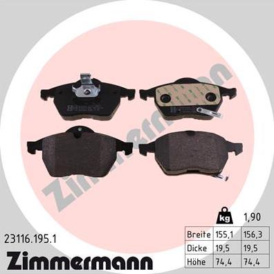 Zimmermann 23116.195.1 - Тормозные колодки, дисковые, комплект autospares.lv