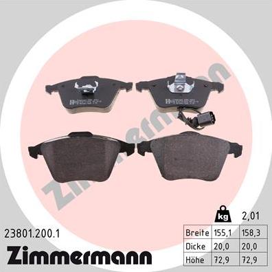 Zimmermann 23801.200.1 - Тормозные колодки, дисковые, комплект autospares.lv