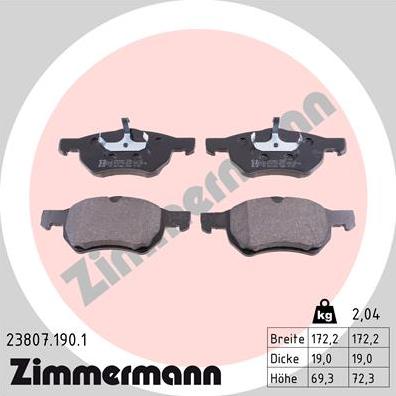 Zimmermann 23807.190.1 - Тормозные колодки, дисковые, комплект autospares.lv