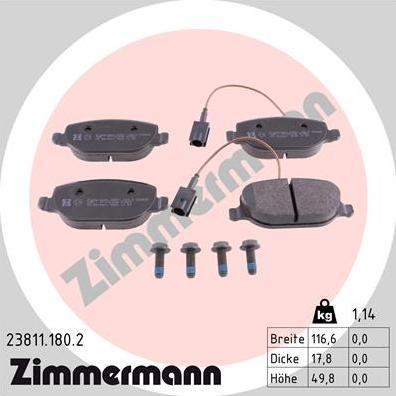 Zimmermann 23811.180.2 - Тормозные колодки, дисковые, комплект autospares.lv