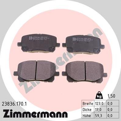 Zimmermann 23836.170.1 - Тормозные колодки, дисковые, комплект autospares.lv