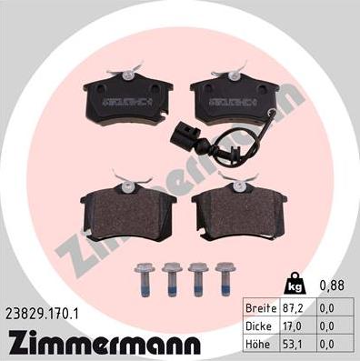 Zimmermann 23829.170.1 - Тормозные колодки, дисковые, комплект autospares.lv