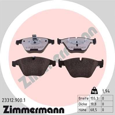 Zimmermann 23312.900.1 - Тормозные колодки, дисковые, комплект autospares.lv