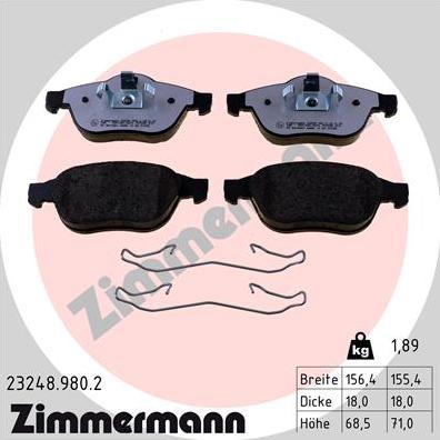 Zimmermann 23248.980.2 - Тормозные колодки, дисковые, комплект autospares.lv