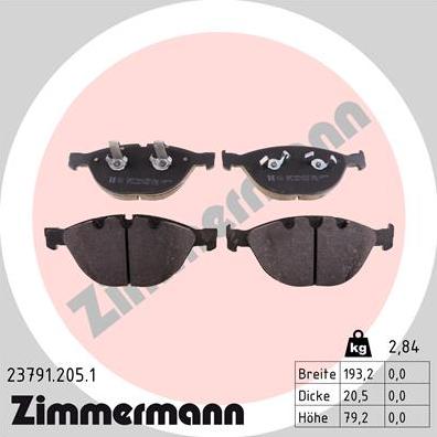 Zimmermann 23791.205.1 - Тормозные колодки, дисковые, комплект autospares.lv