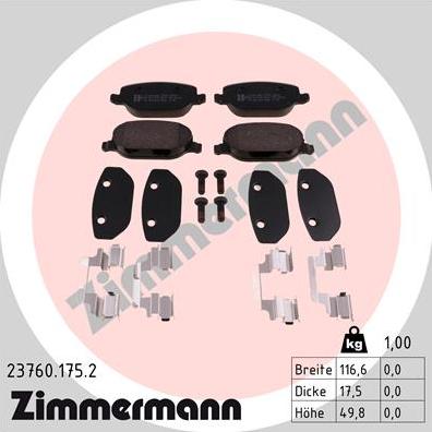 Zimmermann 23760.175.2 - Тормозные колодки, дисковые, комплект autospares.lv