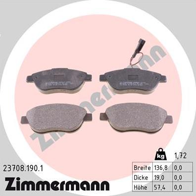 Zimmermann 23708.190.1 - Тормозные колодки, дисковые, комплект autospares.lv