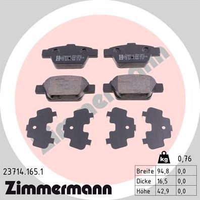 Zimmermann 23714.165.1 - Тормозные колодки, дисковые, комплект autospares.lv