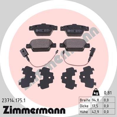 Zimmermann 23714.175.1 - Тормозные колодки, дисковые, комплект autospares.lv