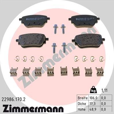 Zimmermann 22986.170.2 - Тормозные колодки, дисковые, комплект autospares.lv