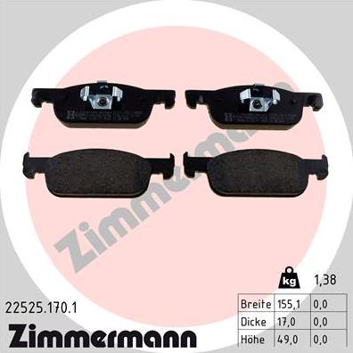 Zimmermann 22525.170.1 - Тормозные колодки, дисковые, комплект autospares.lv