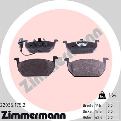 Zimmermann 22035.175.2 - Тормозные колодки, дисковые, комплект autospares.lv